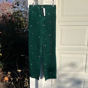 NWT Talbots Fun Green Embroidered Ornaments Tree On Sled Slimming Cord Pants